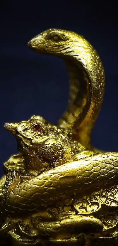 Elegant golden snake statue on a dark background.