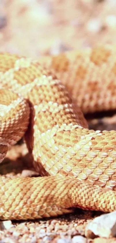 Golden snake with detailed scales on rocky ground.