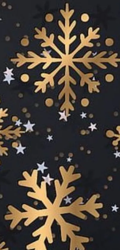 Elegant gold snowflake pattern on black background wallpaper.