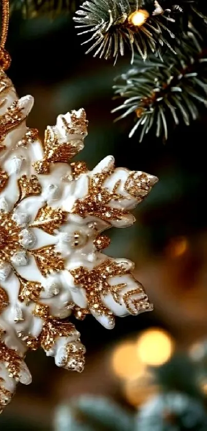 Close-up of a festive snowflake ornament with gold accents on a Christmas tree.