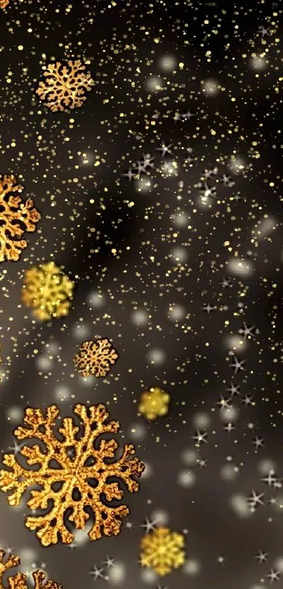 Golden snowflakes swirling on black background.