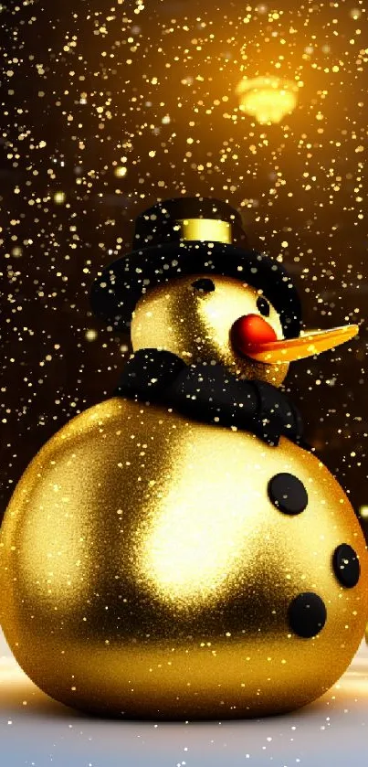 Golden snowman with top hat in a winter scene.