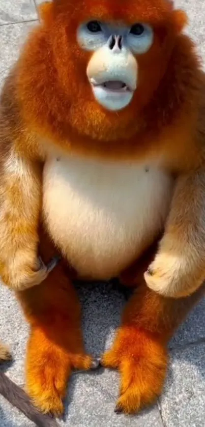 Golden Snub-Nosed Monkey with orange fur sitting on the ground.