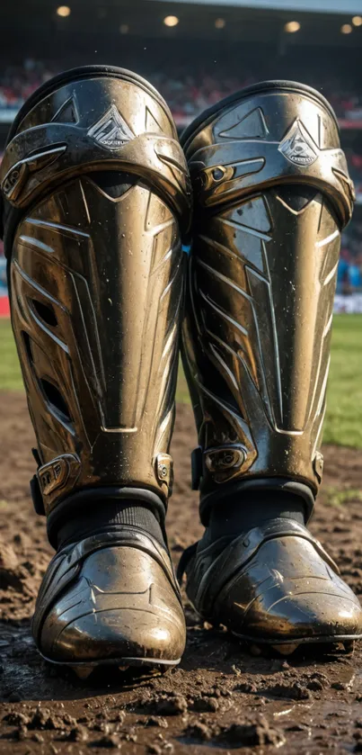 Golden soccer cleats on a muddy sports field.