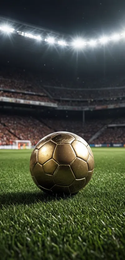 Golden soccer ball on a vibrant green field in a lit stadium at night.