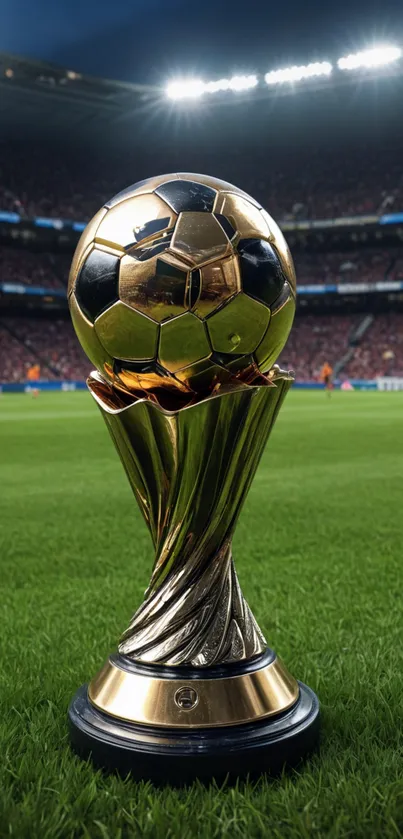 Golden trophy on a football field at a stadium.