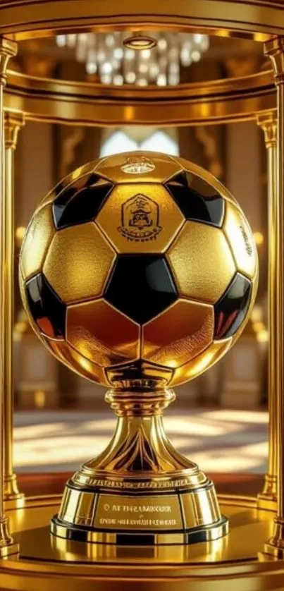 Luxurious golden soccer trophy in an ornate display case.