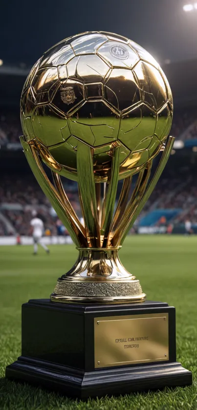 Golden soccer trophy on a green field with stadium background.