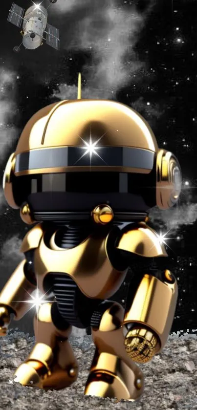 Golden robot standing in space with a cosmic background, shining brightly.