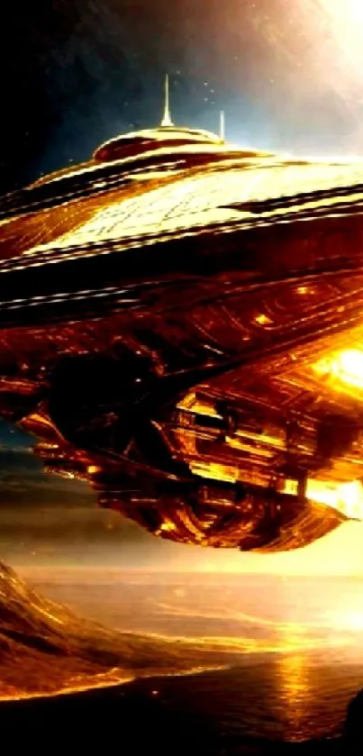 Golden spaceship hovering in a cosmic scene with dynamic lighting.