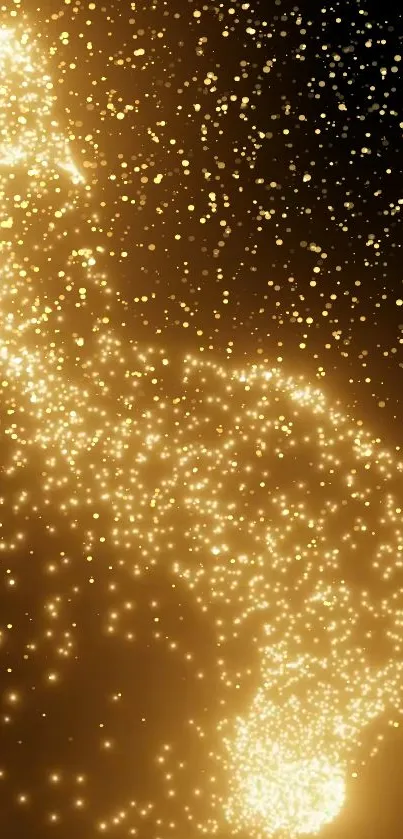 Golden abstract wallpaper with sparkling particles on a dark background.