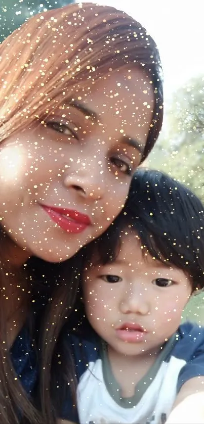 A family selfie with golden sparkles overlay in a park setting.