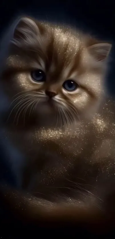 Enchanting golden kitten with sparkles in dark background.