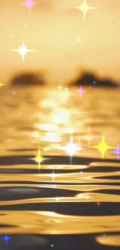 Golden ocean sunset with sparkling stars creating a magical and serene atmosphere.