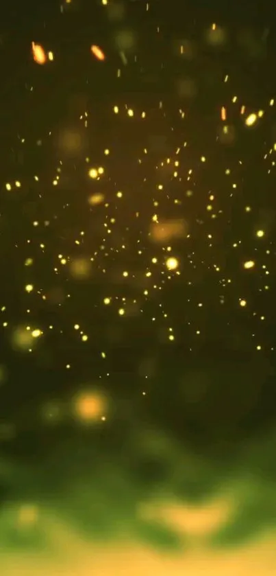 Golden light particles on olive green background for mobile wallpaper.