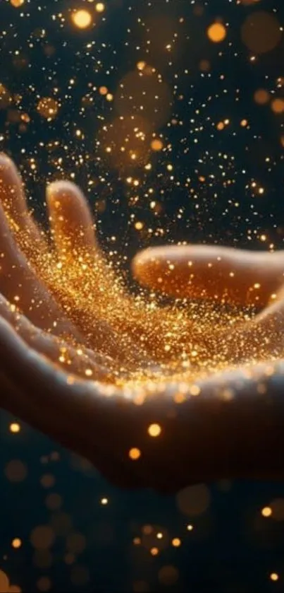 Hand holding golden sparkles in magical glow.