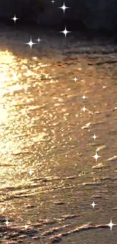 Golden water with stars reflecting light.