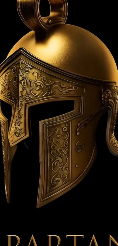 Golden ornate Spartan helmet on black background.