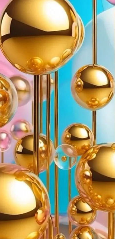 Golden reflective spheres with pink and blue background.