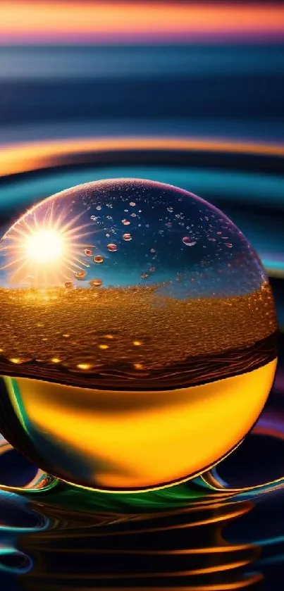 Golden sphere reflects sunlight on serene water.