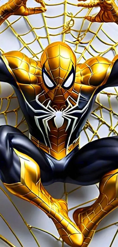 Gold Spider-themed wallpaper showcasing a dynamic hero in a web.