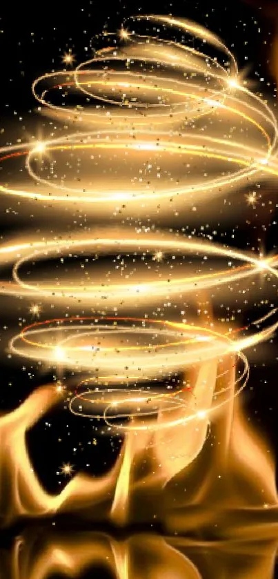 Golden spiral with flames and sparkling stars on a dark background.