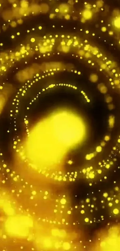 Golden spiral abstract wallpaper with luminous particles.