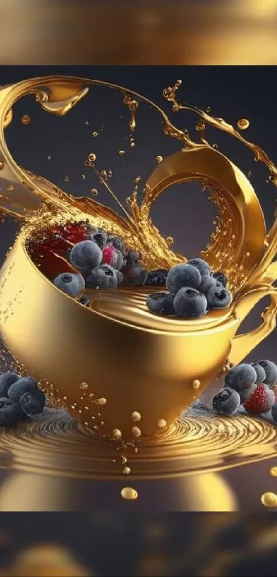 Luxurious golden splash with vibrant berries design.