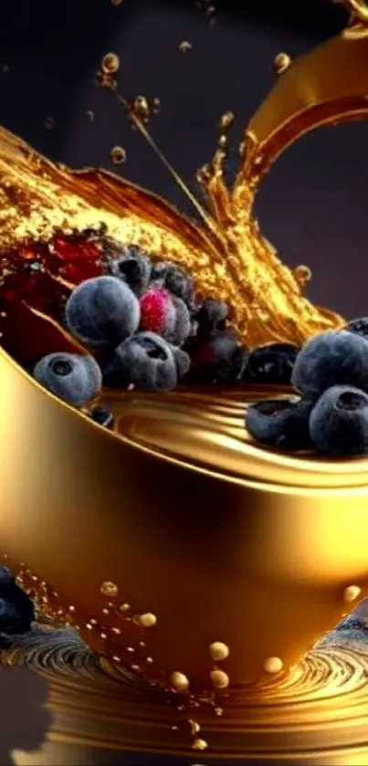 Golden liquid splashing with blueberries in elegant mobile wallpaper.