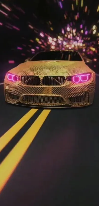 Golden sports car with pink lights racing on a neon-lit highway at night.