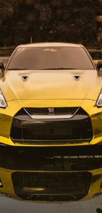 Golden sports car reflected on wet pavement, showcasing luxury and style.