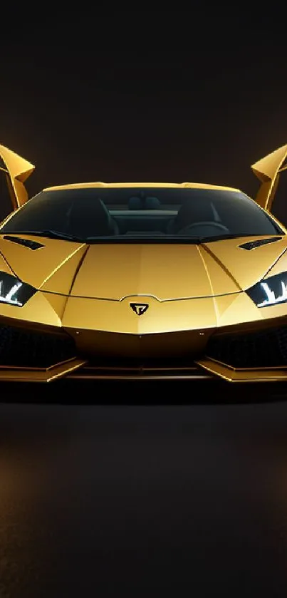 Luxurious golden sports car with open doors in a dramatic setting.