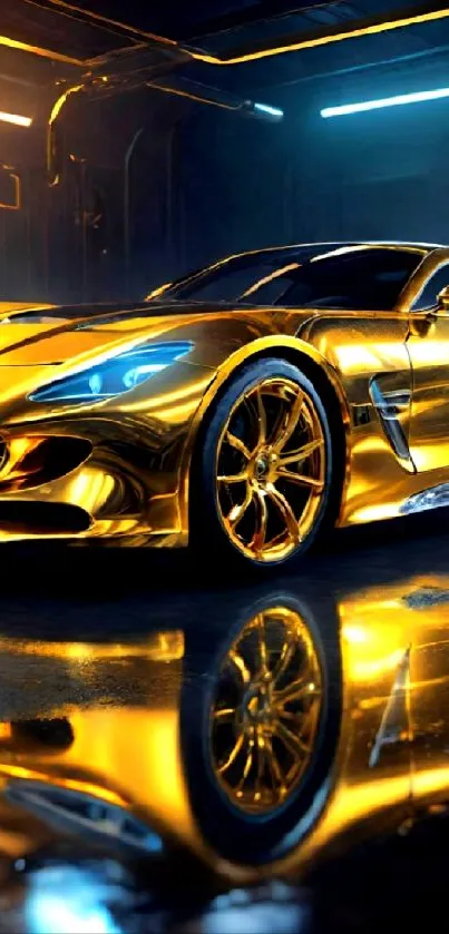 Golden sports car with sleek design and reflections in a garage.