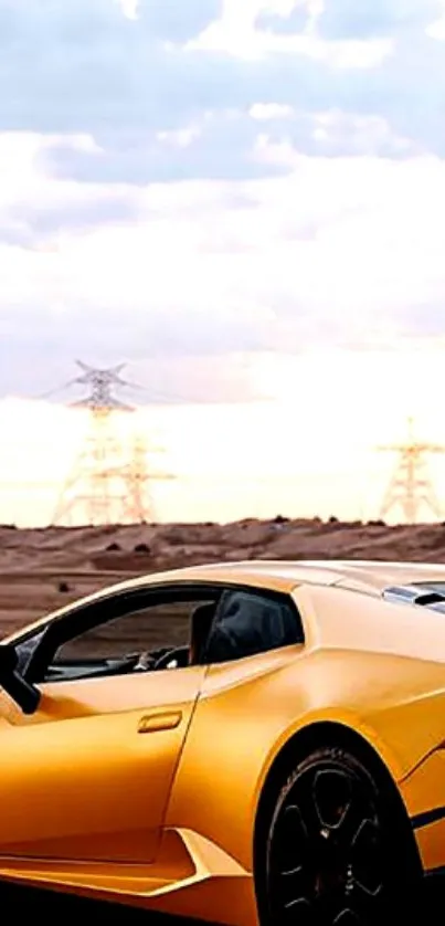 Golden sports car in a scenic desert landscape.