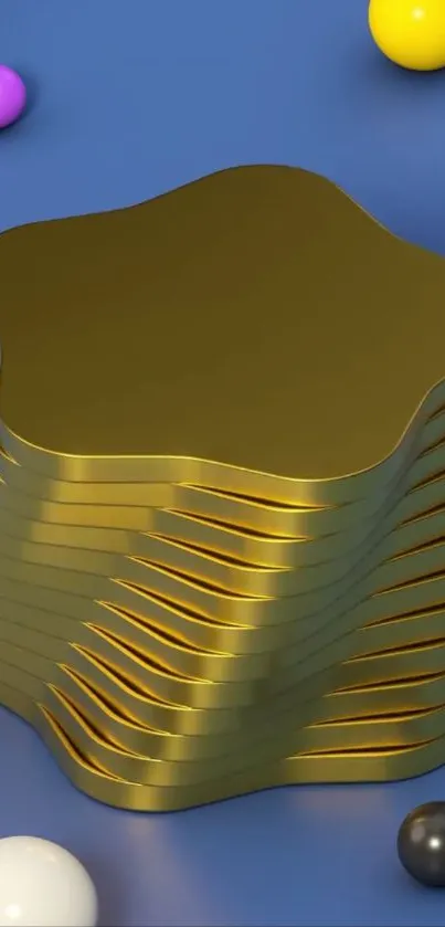 Golden stack on a blue surface with colorful spheres.