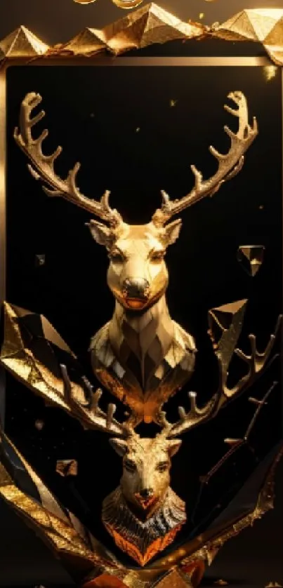3D golden stag with geometric theme on dark background.