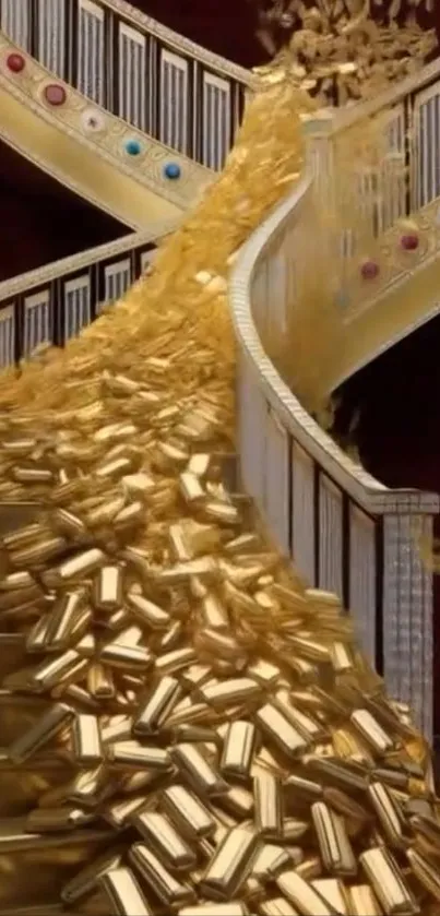 Luxurious staircase overflowing with gold bars.