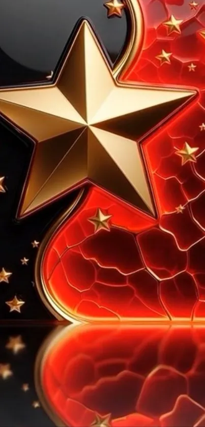 Abstract wallpaper with golden stars on a black and red background.