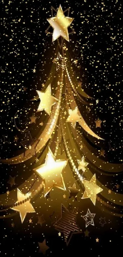 Christmas tree made of golden stars on a dark background mobile wallpaper.