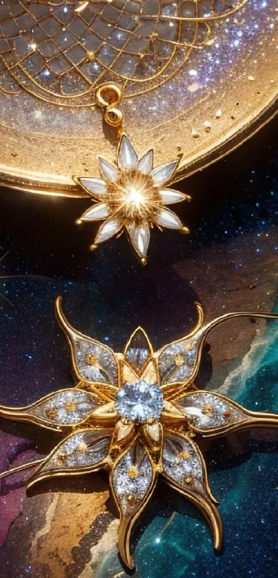 Golden star-shaped jewelry on a cosmic galaxy background.