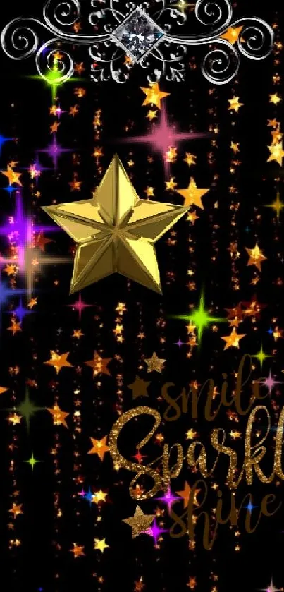 Golden stars cascade in night sky wallpaper.