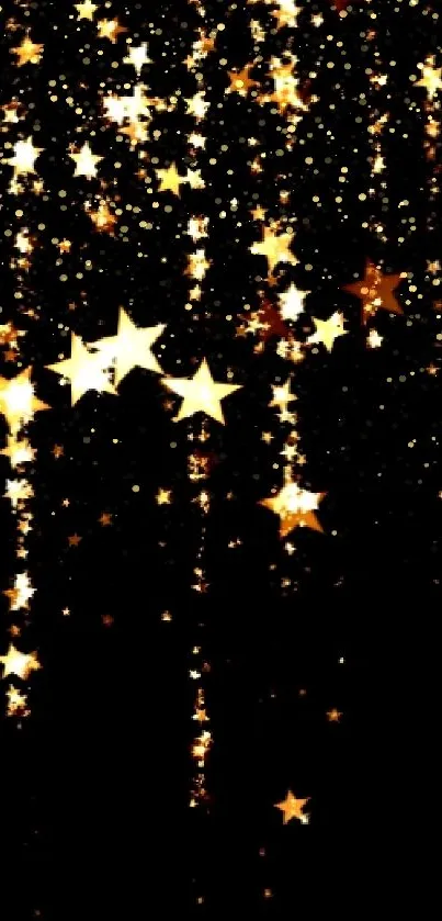 Golden stars cascading on a black background, offering a captivating night sky view.