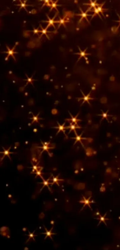 Abstract wallpaper with golden sparkling stars on a dark background.