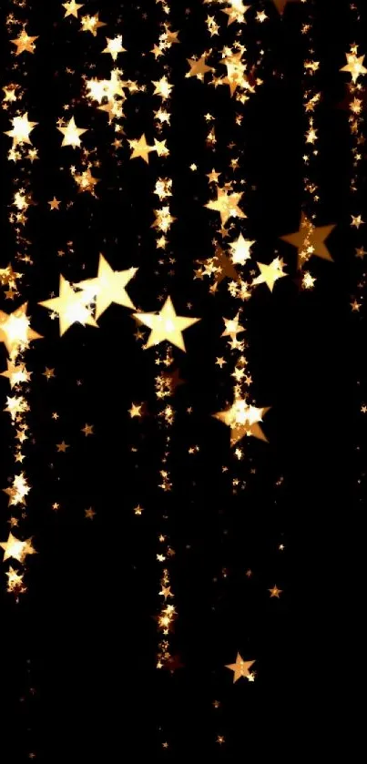 Golden stars cascading against a black backdrop phone wallpaper.