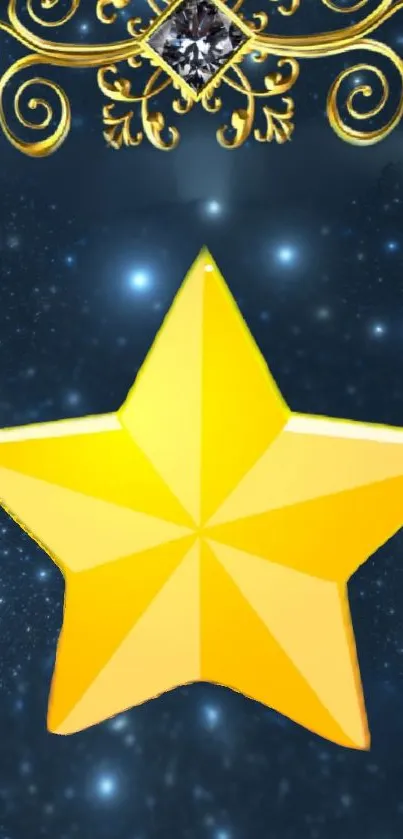 Golden star with ornate design on a deep blue night sky background.