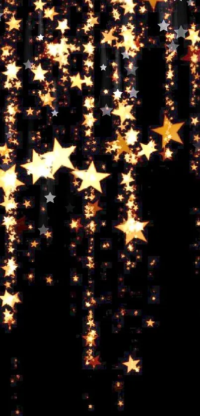 Shimmering golden stars cascade on a dark mobile wallpaper.