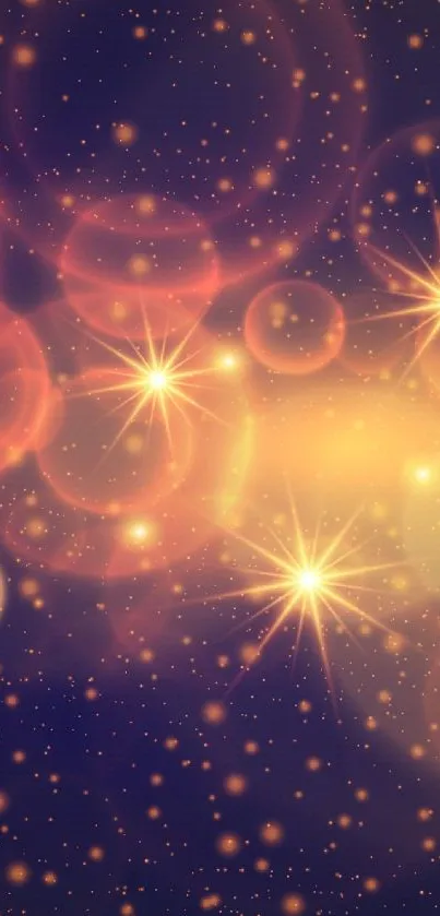 Golden bokeh and stars phone wallpaper with warm light effects.