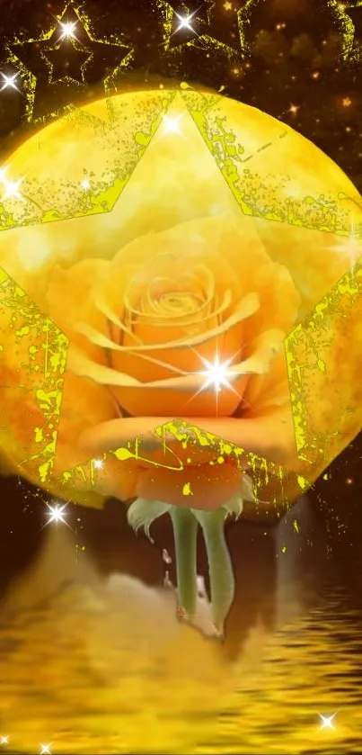 Golden rose inside a star with shimmering background on a mobile wallpaper.