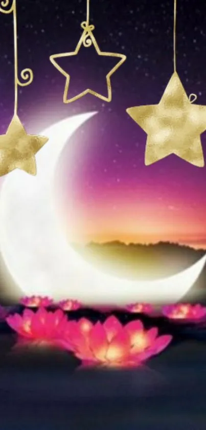 Crescent moon with gold stars and lotus flowers in a purple night sky.