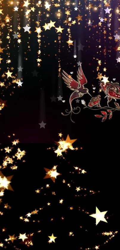 Golden stars cascade on a dark background with ornate bird design.